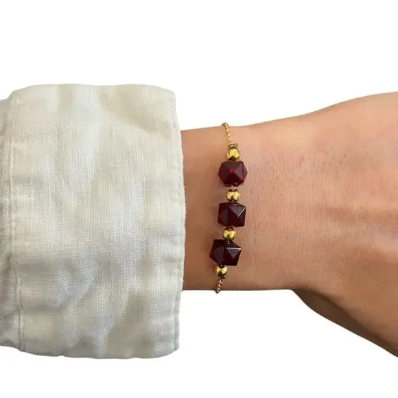 Gold Chain Bracelet with Deep Red Faceted Beads - Picture 1 of 3